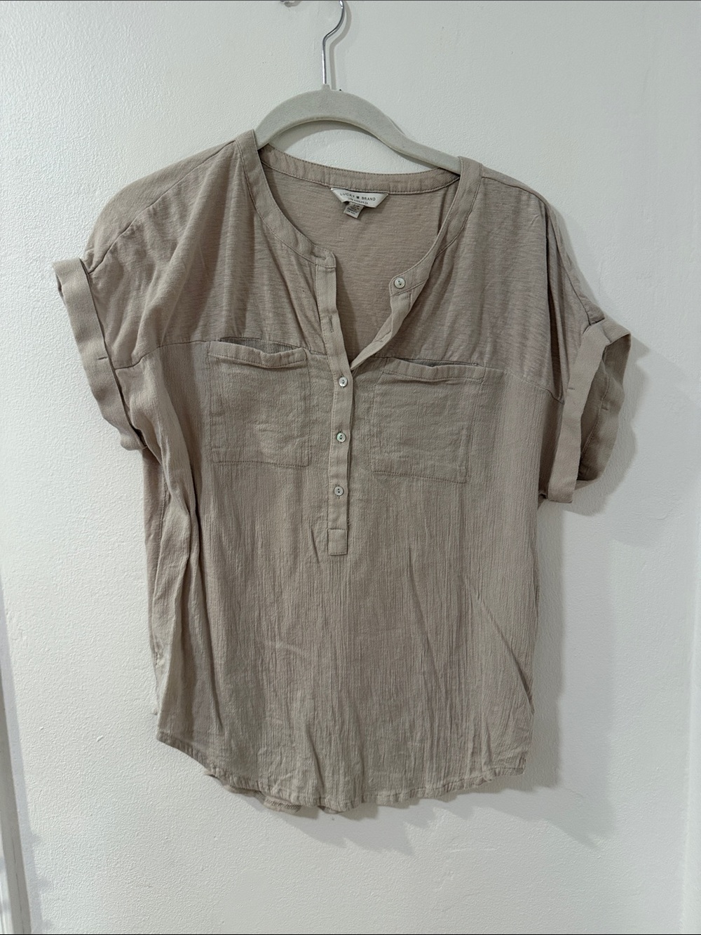 Lucky Brand Beige Short-Sleeve Button Henley Top